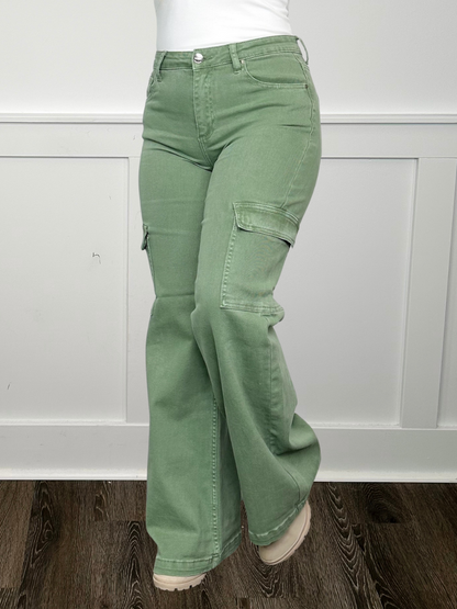 Risen Beverly High-Rise Wide Leg Cargo Sage Jeans