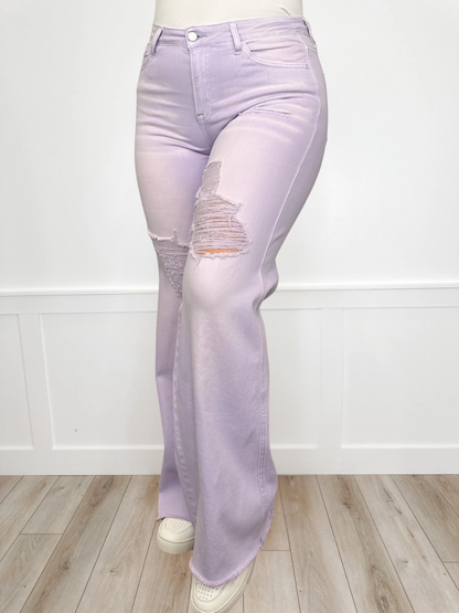 Ensley Distressed High-Rise Fray Hem Wide Leg Purple Jeans