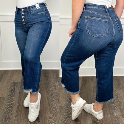 Judy Blue Raegan Distressed High-Rise Button Fly Fray Hem Wide Leg Cropped Dark Wash Jeans