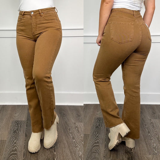 Risen Belle High-Rise Raw Hem Straight Leg Brown Jeans