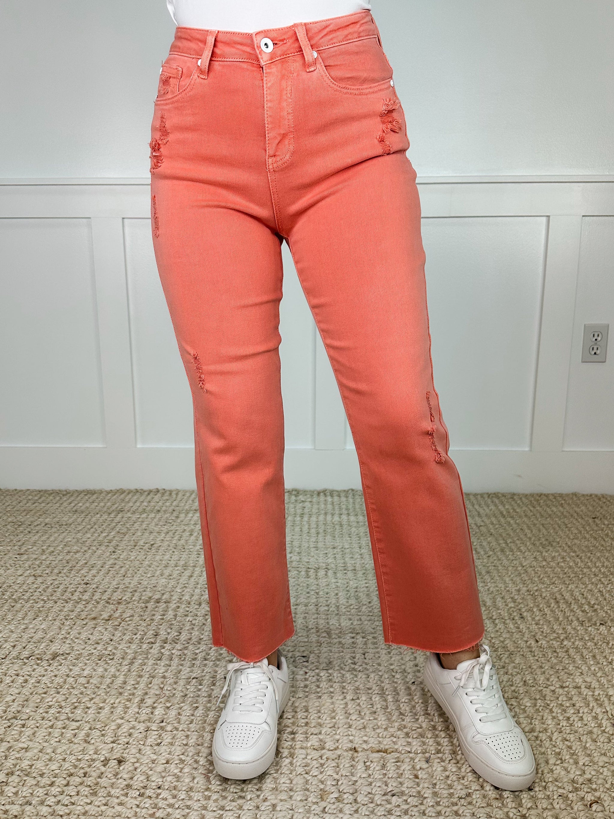 Saige Girl You Look Cute Distressed High-Rise Raw Hem Salmon Avery Mae Dad Jeans