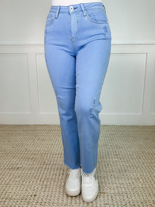 Saige Girl You Look Cute Distressed High-Rise Raw Hem Sky Avery Mae Dad Jeans