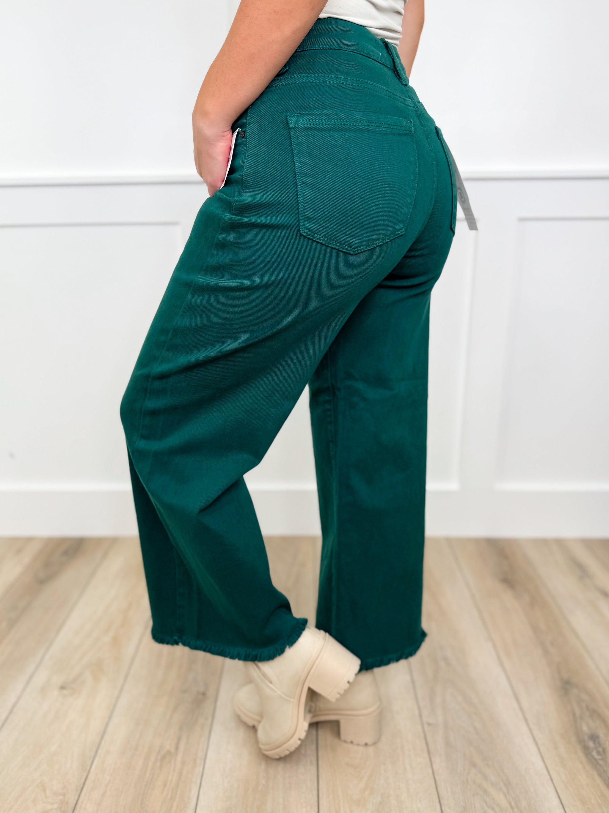 Risen Shana Tummy Control High-Rise Fray Hem Wide Leg Green Cropped Jeans