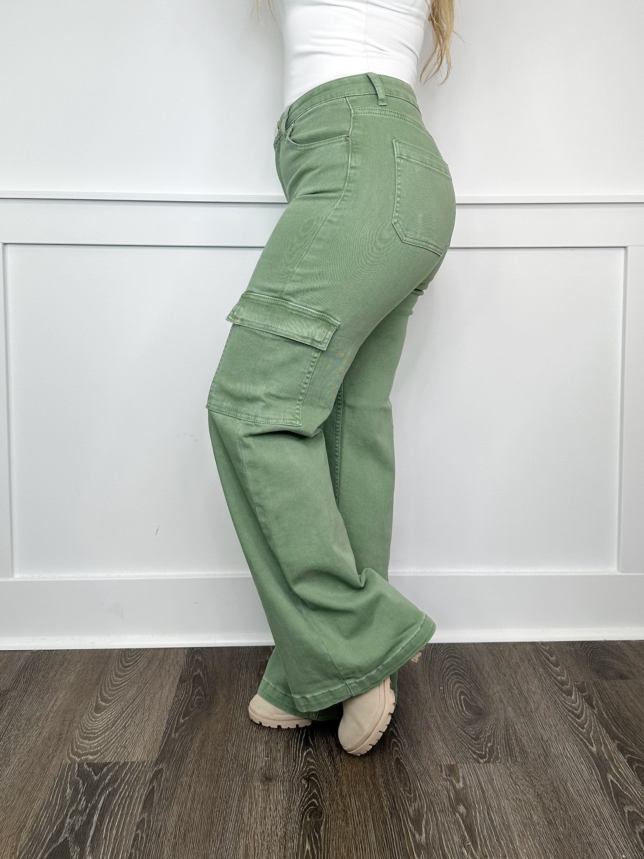 Risen Beverly High-Rise Wide Leg Cargo Sage Jeans