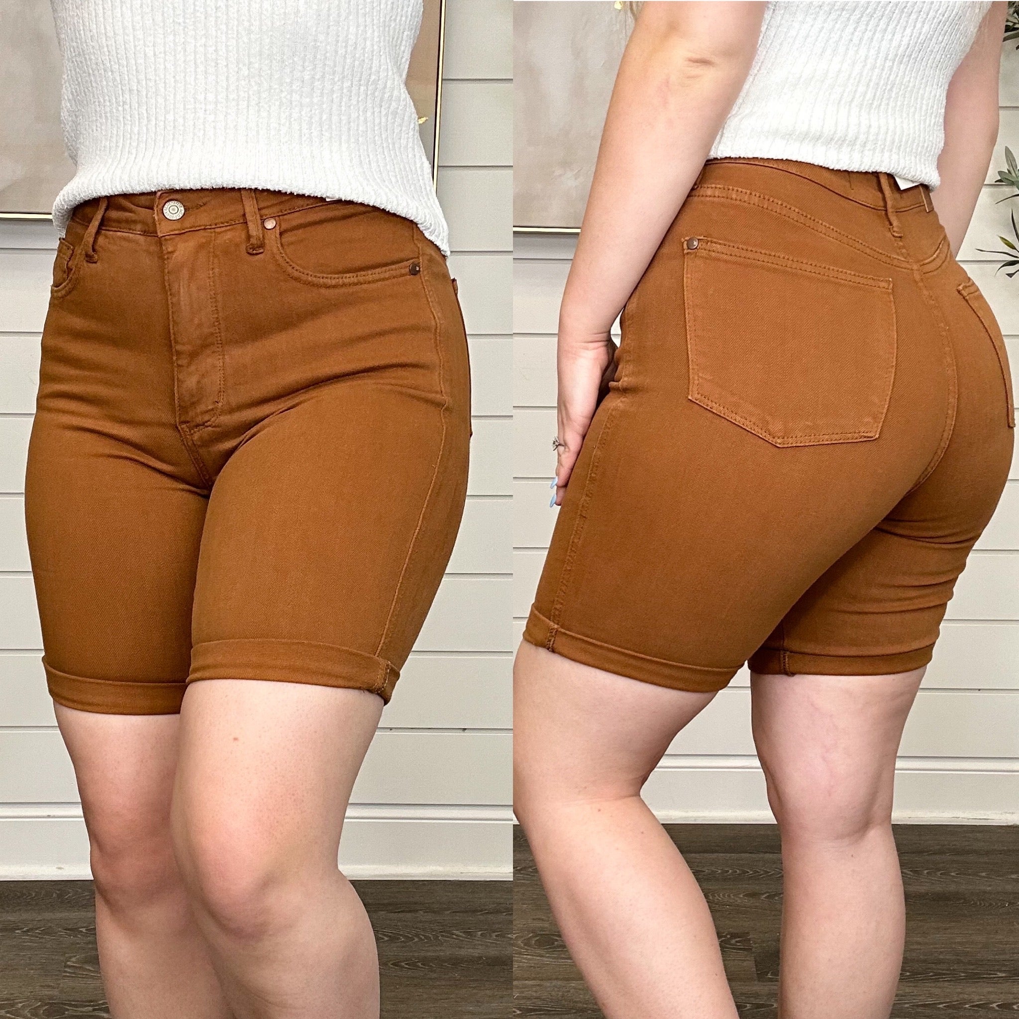 Judy Blue Tess Tummy Control Bermuda Denim Shorts - Brown (Non-Distressed)